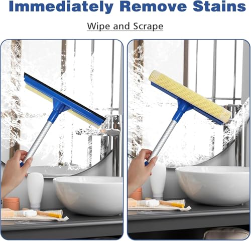 Image of Professional 2-in-1 Window Squeegee with Telescopic Stainless Steel Handle (13.3 inch-18.9 inch) | Sponge & Scraper for Glass, Shower, Car & High Surfaces
