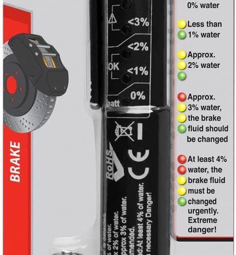 Close-up of the Performance Tool W181 Brake Fluid Moisture Tester showing the LED indicators and their corresponding moisture percentagاي سطحون.