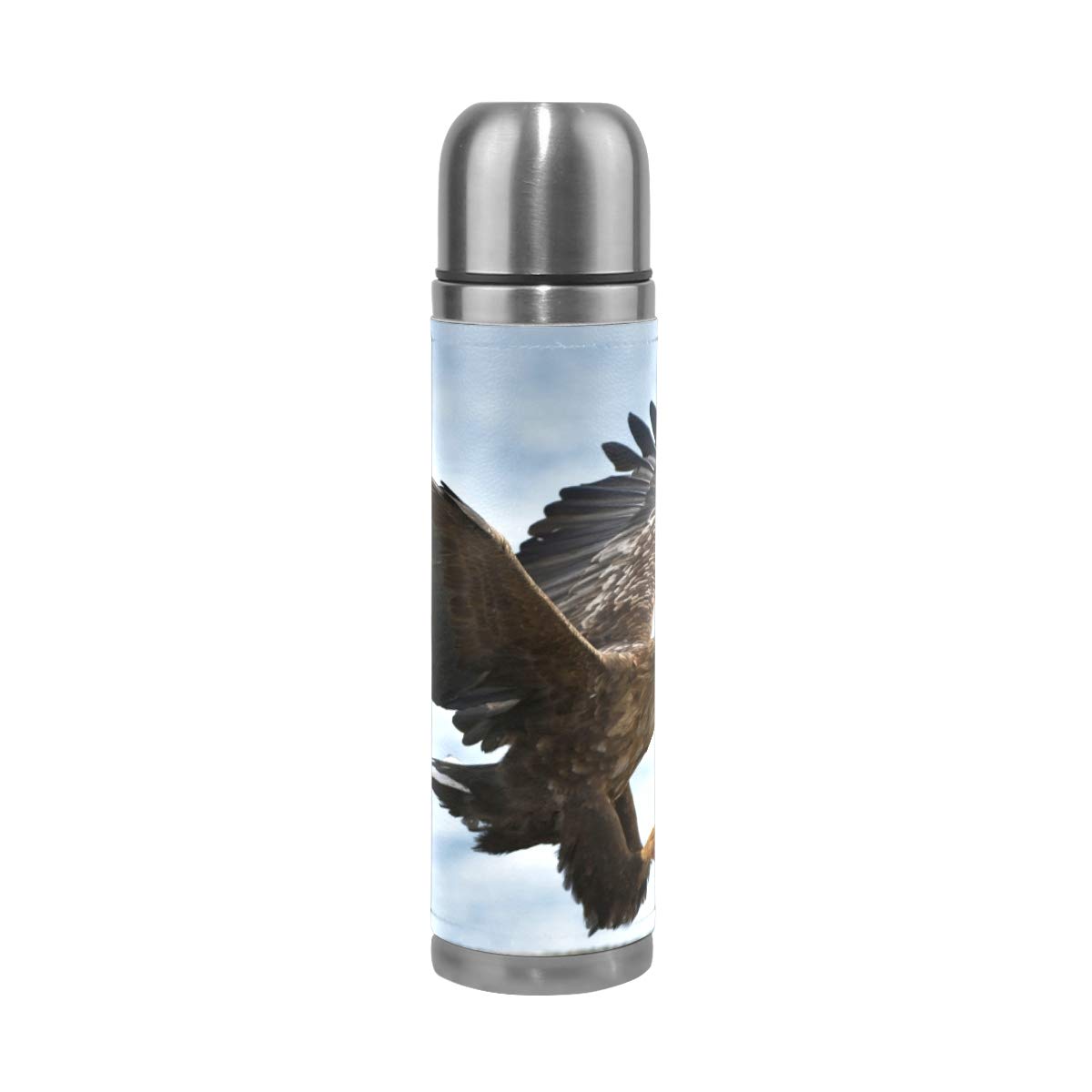 Taza de viaje aislada al vacío de acero inoxidable con doble pared a prueba de fugas, botella con diseño de águila de cola blanca personalizada impresa en piel auténtica, 500 ml