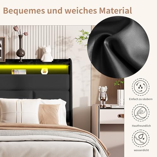 JYNVO Polsterbett 160x200 cm mit Stauraum und LED Beleuchtung, Hydraulisches Stauraumbett, Doppelbett mit Kopfteil, Bett mit Lattenrost, Jugendbett, Schwarz, PU-Leder, ohne Matratze