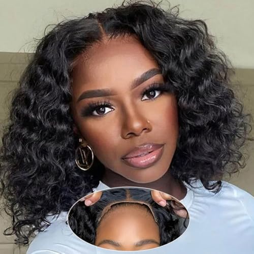 Pinketer Bob Wig Human Hair Deep Wave Glueless Wigs Human Hair Pre Plucked Pre Cut 4x4 Wear and Go Wig for Black Women Beginner Friendly (Glueless Curly Wig, 10inch)