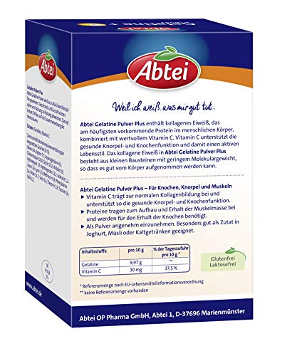 Abtei Gelatine Pulver Plus - reine Gelatine und Vitamin C für Knochen, Knorpel und Muskeln - hochdosiert - 400 g (4 x 100 g) - Vorratspack für 40 Tage