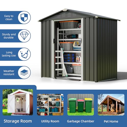 JYQAQA-6×4-FT-Outdoor-Garden-Storage-ShedWaterproof-Metal-Garden-Sheds-with-Lockable-Double-DoorWeather-Resistant-Steel-Tool-Storage-House-Shed-forGardenPatioLawn-Gray JYQAQA 6×4 FT Outdoor Garden Storage ShedWaterproof Metal Garden Sheds with Lockable Double DoorWeather Resistant Steel Tool Storage House Shed forGardenPatioLawn Gray