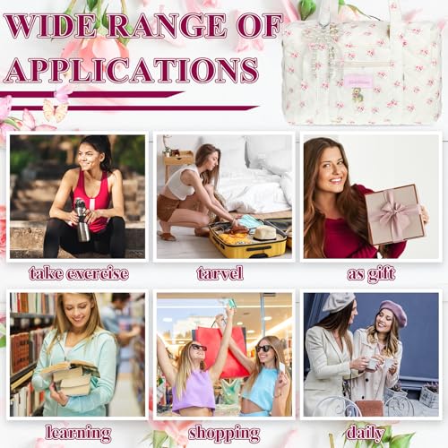 Coquette Bag White Pink Floral Bag Cute Quilted Duffle handbag for Women Shoulder Purse with 2 Pcs Bow Pearl Keychain for Christmas Gifts Business Travel Family Trip4