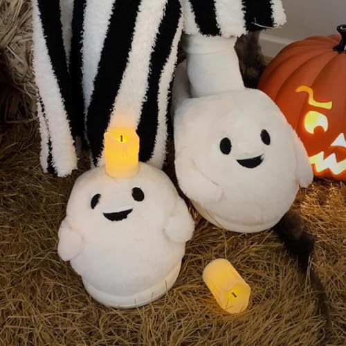 Womens Mens Halloween Slippers Retro Memory Foam Cute ghost Plush Fluffy Warm Fur Lined Slides Indoor House Home Winter Shoes3