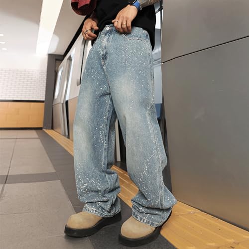 Rhinestone Blue Jeans Men Baggy Y2K Wide Leg Bedazzled Denim Pants