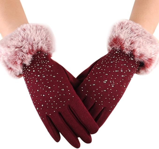 Tomorrow Women's Winter Gloves Soft Warm Touch Screen Gloves for Cold Weather Windproof Covered Finger Faux Fur on The Inner for Cold Weather Women Cute Design Plush Fur Cuff Stone Crafted (Maroon)-image-28