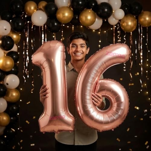 Image of Balloonistics Rose Gold 40-Inch Foil Number 16 Balloon - Helium or Air Fill for 16th Birthday, Sweet 16 Party, Anniversary Decoration, Photo Booth Backdrop, Cake Table Decor