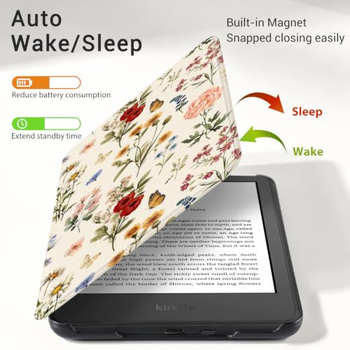 Image of CoBak Case for Kindle 6 inch 2024 and 2022 (11 Generation) | PU Leather Smart Cover, Auto Sleep and Wake, Premium Protective Case for Kindle Basic,Floral