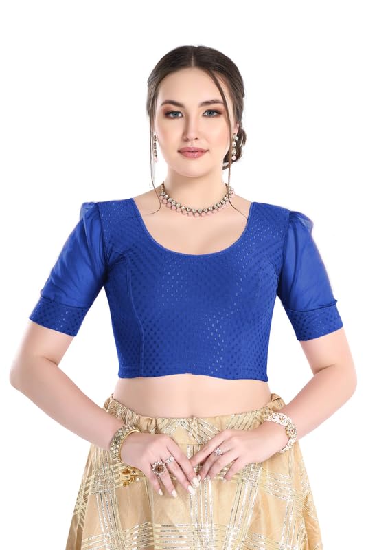 Image of FINESTFIT Stay On Trend Fashion 100% Cotton Readymade Blouses for Women,Round Neckline with Organza Balloon Sleeves.