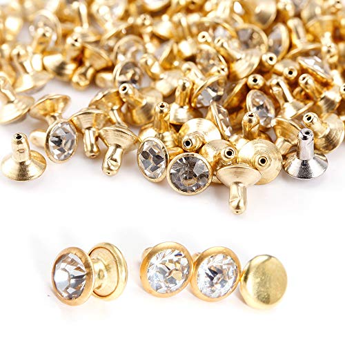 100pcs 7mm Diamante Diamond Clear Gold Crystal RIVET STUDS Rock Leather Bag Shoe