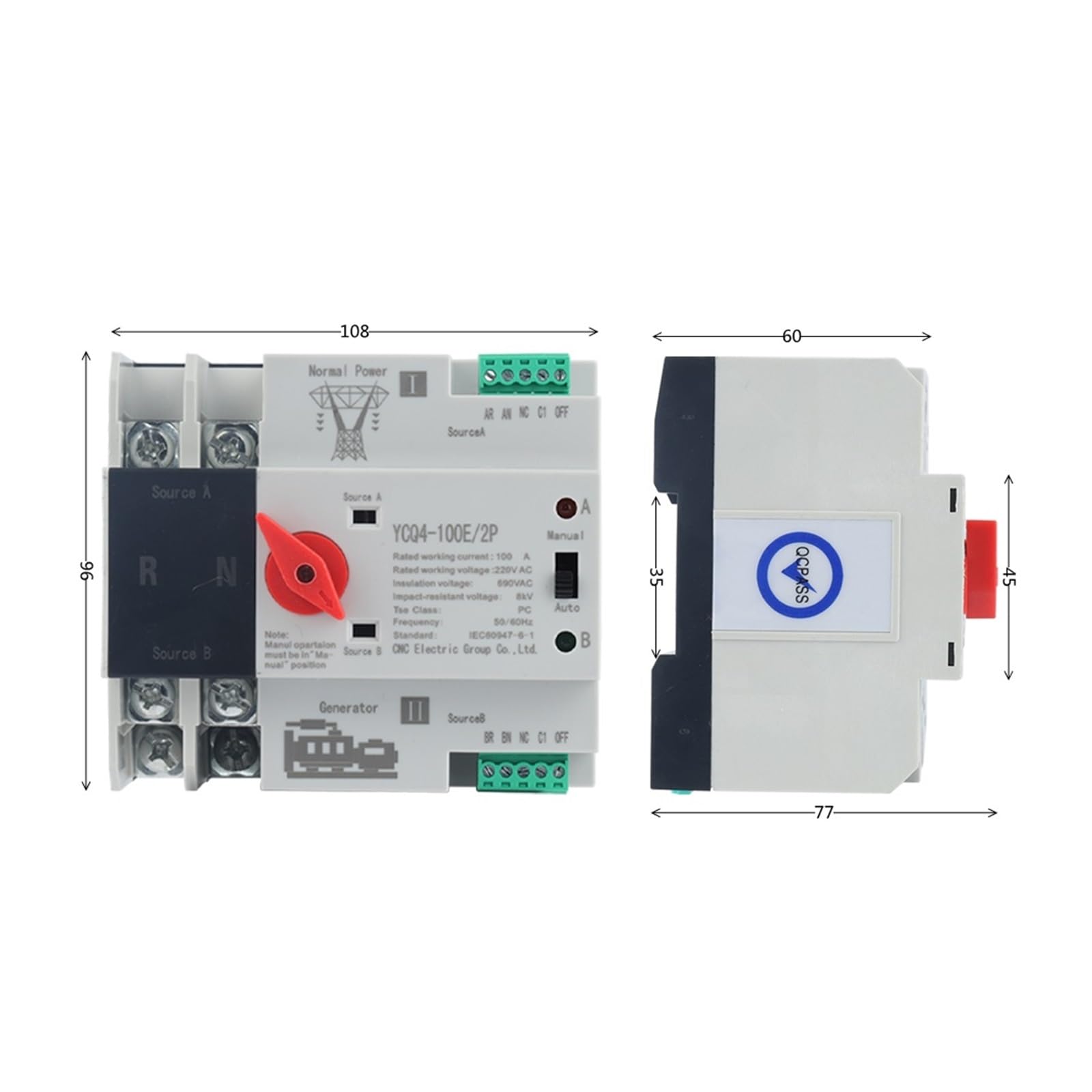 Commutateur de transfert automatique à double puis YCQ4-100E/2P Din Rail ATS double puissance commutateur de transfert automatique commutateurs électriques alimentation ininterrompue 63A/100A ( Size :