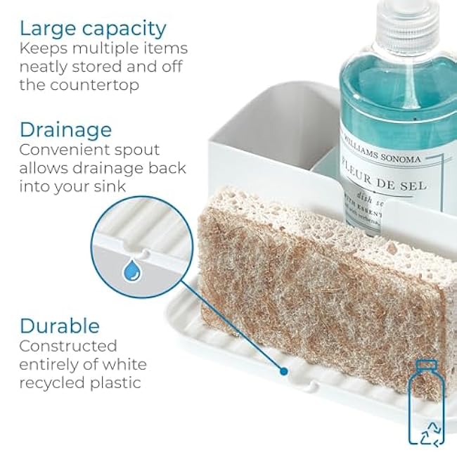 iDesign Kitchen Sink Caddy for Countertop with Sponge Holder and Drain Spout - White