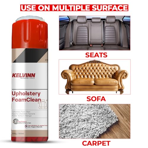 Image of Kelvinn Upholstery Cleaner Foam Spray 500ml, Sofa Carpet Car Interior Upholstery Cleaner for Stain Removal Dirt Odor Removal, Quick Dry Fabric and Couch Seats Leather Vinyl