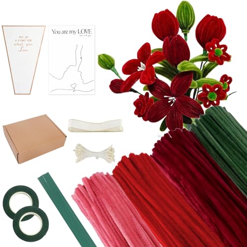 Rot Pfeifenputzer zum Basteln Set 400 StückPfeifenreiniger4 Farben BlumenstrauBPfeifenreiniger Blumen mit Geschenkband Klebeband Staubblätter für DIY Valentinstag Geschenke und Dekorieren(Rose)