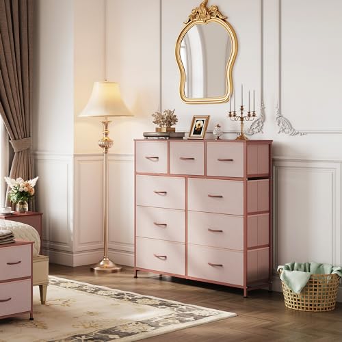 Image of WLIVE 9-Drawer Dresser, Fabric Storage Tower for Bedroom, Hallway, Entryway, Closet, Tall Chest Organizer Unit with Fabric Bins, Steel Frame, Wood Top, Easy Pull Handle, Pink