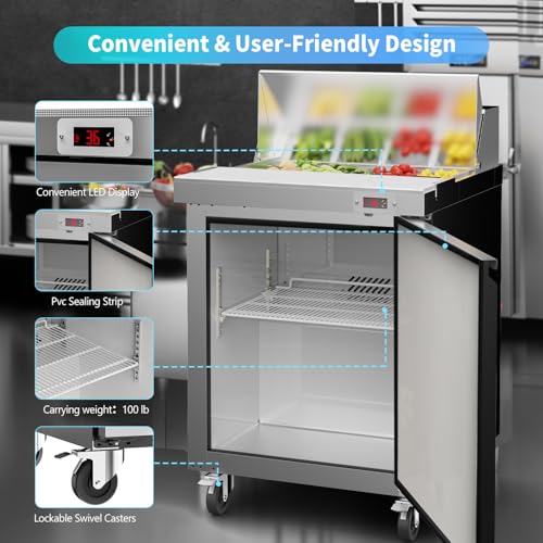 Image of 29 inch W Sandwich Salad Prep Table Refrigerator Commercial Refrigerator with 8 Pans Stainless Steel Fan Cooling Kitchen Equipment
