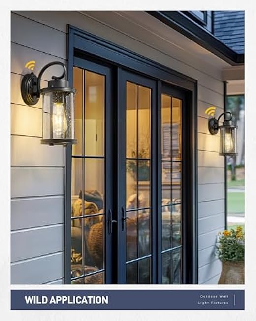 kudos Dusk to Dawn Outdoor Lighting, 12.5 inch Porch Lights Outdoor, Anti-Rust Waterproof Cylinder Wall Light for Patio, Garage, Black with Seeded Glass, KDOWL01-BK-LC