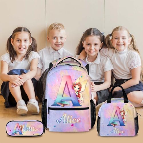 Personalized Backpack for Girls, Custom Initial Fairy Backpacks Set for Kids School, 17 Inch Durable Lightweight Monogram Bookbag for Kindergarten Preschool Primary2
