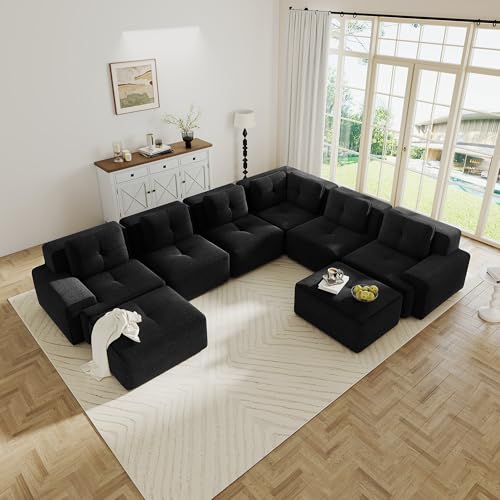 Image of 151.1 inch Large Modular Sectional Sofa for Living Room, 6-Seater V-Shaped Boneless Corner Sofa, Comfy Cloud Couch with 2 Movable Ottomans, Corduroy Design for Family Space, No Assembly, Black