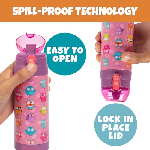 Image of Bentology Stainless Steel 13 Oz Reusable Water Bottle for Kids, Owl | Double Wall Insulated, Spill Proof Lid W /Built-in Straw- Keep Liquids Hot or Cold- Easily Fits in Lunch Boxes & Bags