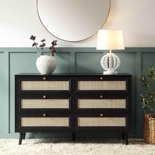 Image of Pore Rattan Chest of Drawer for Home & Office |6 Drawer Chest for Storage |Mango Wood, Black Matt |Ideal for Home Decor
