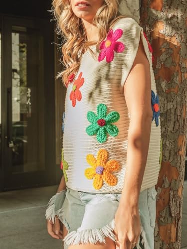 Esmeling Women’s Cap Sleeve Sweater Vest Crew Neck Sleeveless Casual Tops Crochet Flower Embroidery Knit Top3