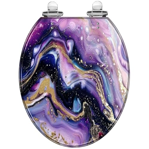 TRANQDEHOM Round Toilet Seat Very beautiful marble Abstract art Art Gold Resin Toilet Seat Quietly Close Quick Release Hinges Decorative Toilet Seat with Cover Easy to Install, Style 10