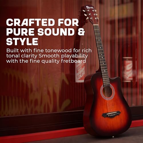 Image of Revel 38 Inch Acoustic Guitar Cutaway Wooden Guitar with High-Gloss Finish, Steel Strings, Smooth Tuning Pegs, Includes Carry Bag, Picks & String Winder | Acoustic Guitar for Beginners.(SUN BURST)