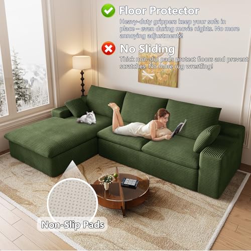 Image of 107 inch Cloud Couch Modular Sectional Sofa for Living Room, L-Shape Boneless Couch with Deep Seat, Modern Corduroy 3-Seater, No Assembly Required (Green,Left-Facing Chaise)