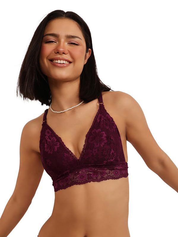 clovia Women's Lace Solid Non-Padded Demi Cup Wire Free Bralette Bra in Purple-picture-13