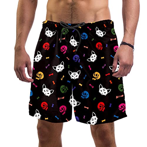 Maillot de bain homme short de plage léger motif crânes et chats