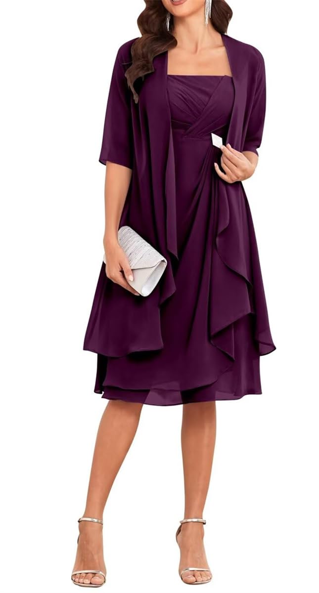 Yiann Women's Plum Classy 2 Pieces Mother Of The Bride Dresses For Wedding Tea Length Chiffon Mother Groom Dresses With Sleeves Jacket Uk14