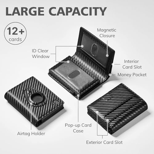 Popvibe Wallet for Men Leather Pop Up Card Holder Wallet with AirTag Holder, 2 ID Windows & Money Slot, Minimalist RFID Bifold Wallet Slim Front Pocket Wallets with Gift Box (Carbon Fiber)2