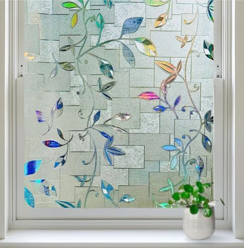 Image of CREON Frosted Window Self Adhesive Privacy Glass Film Decorative Window Sticker for Glass Door, Bathroom, Home, Window (Leaf RANIBOW, 24X108 in)