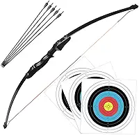 Arco Flecha Profissional Destro de Madeira com Libragem de 40lbs + 5 Flechas com Ponta de Alumínio + 3 Alvos de Treino Arqueria Tiro ao Alvo Caça Pescaria