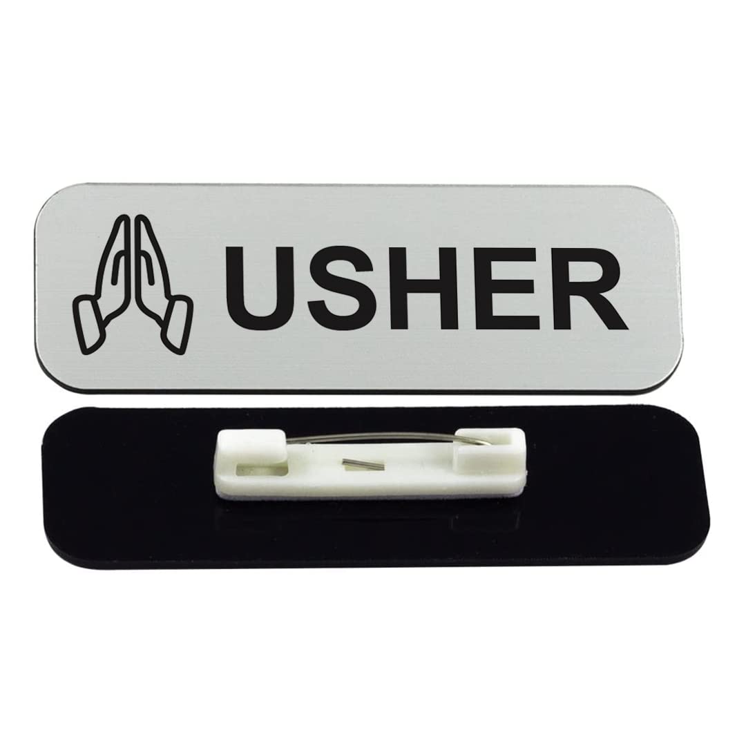 Usher 1 x 3 Name Tag/Badge, Silver, Praying Hands (3 Pack)