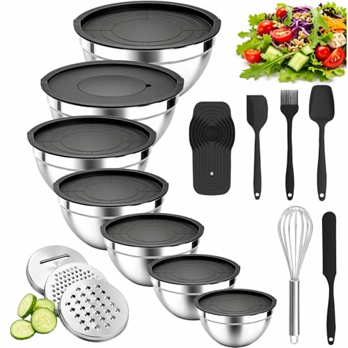 Nifogo Lot de 7+14 Saladier Avec Couvercle, Cul de Poule Inox Avec Couvercles Hermétiques & 3 Râpes, 4,2L/3,3L/2,5L/1,9L/1,4L/1L/0,7L, Empilables pour...