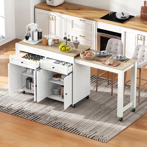YuQozii Isla de cocina con ruedas, comedor extensible con encimera y cajones, isla de cocina móvil independiente perfecta para cocina y comedor (blanco+naturaleza)