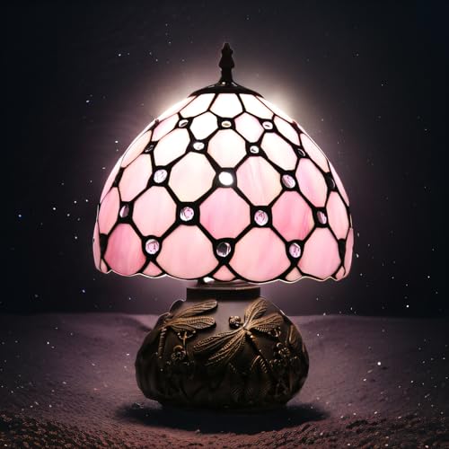 Ppbmocw Small Tiffany Lamp,Stained Glass Table Lamp for Living Room,Bedside,Reading,8 Inch Vintage Mini Mushroom Desk Light Included 3 Color Temperatures E27 Bulb (Pink)