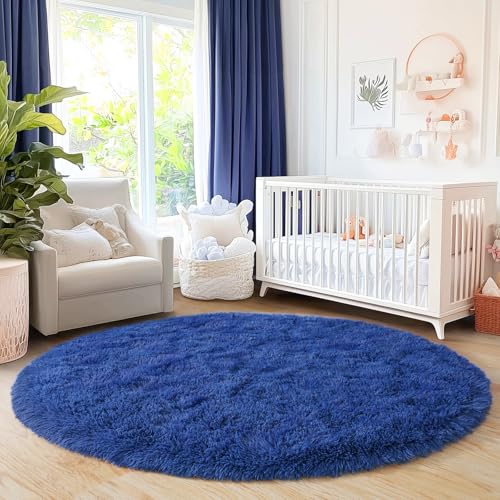 5'x5' Blue Round Rug for Bedroom, Ultra Soft Fluffy Circle Rug for Kids Girls Boys Room, Cute Shag Rugs for Living Room Playroom Teen Room Home Decor Rug