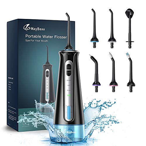 MayBeau Hydropulseur dentaire sans fil Rechargeable par USB IPX7 Étanche Nettoyeur dentaire avec réservoir d'eau semi-dissimulé 6 embouts interchangeables pour entretenir les bretelles et les ponts