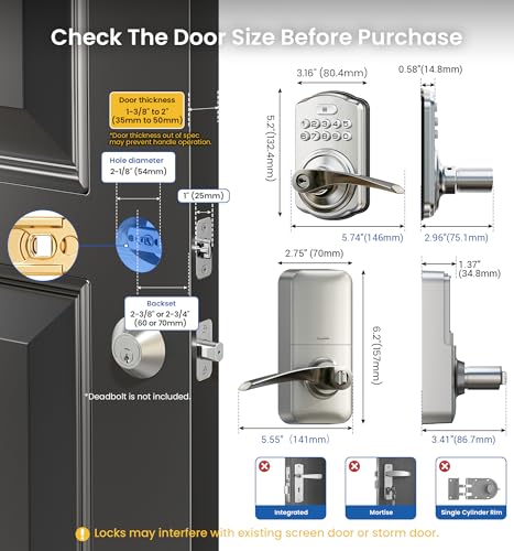 Veise Keypad Door Lock with Handle, Keyless Entry for Front Door & Bedroom, Electronic Lock with Code, Auto-Locking, Easy Installation, Passage Mode, Satin Nickel by Veise - Used condition - Image 8