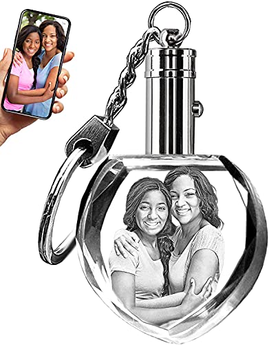 ArtPix 3D Personalized Keychains with LED Light, Custom 3D Laser Etched Key Chain Heart Photo Crystal, Great Memorial Gifts