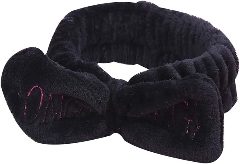 Aland Headband,Letter Embroidery Bowknot Plush Headband Women Face Washing Elastic Hair Band Black