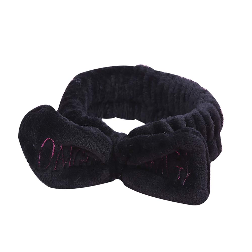 Aland Headband,Letter Embroidery Bowknot Plush Headband Women Face Washing Elastic Hair Band Black