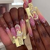 Vezocim Press on Nails Long Coffin French Tips 24Pcs Glossy Full Cover Acrylic Square Yellow False Nails with Flower Butterfly Designs Ballerina Extra Long Artificial Fake Nails with Charm for Women