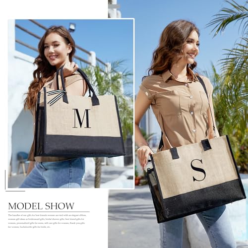 Image of BeeGreen Bridal Gifts for Bride Shower Engagement Gifts for Bride Personalized Tote Bag for Wedding, Initial Jute Tote Bag for Bridemaids Bachelorette Women Friends Mother Monogrammed B, Large