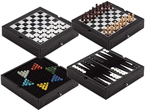 GSE 12.5" Premium Leather 4-in-1 Chess, Checkers, Backgammon and Chinese Checkers Board Game Combo Set. Board Strategy Game for Kids & Adults