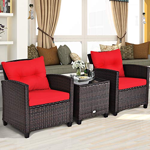 Tangkula Ensemble de meubles de terrasse 3 pièces en rotin synthétique avec coussin lavable et plateau en verre trempé, mobilier de conversation pour jardin, piscine, balcon – Image 4